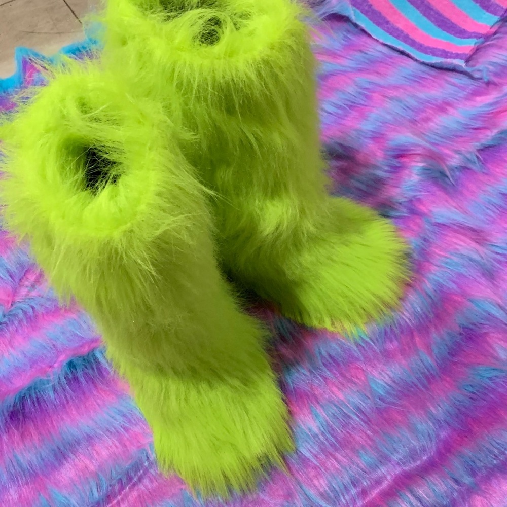 Lime green faux fur boots